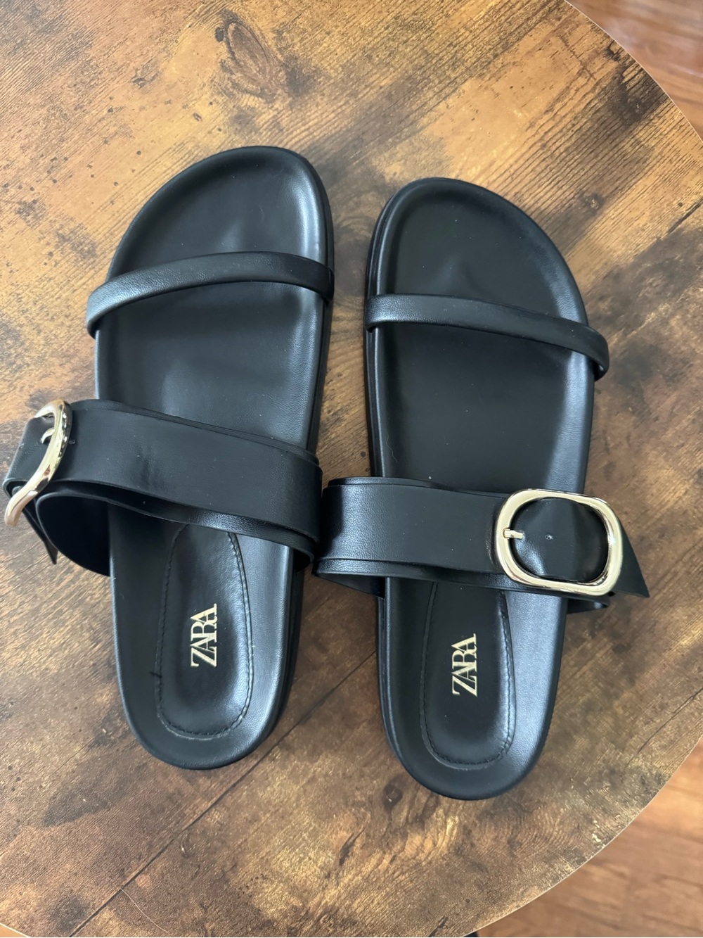 ZARA Black Slide Sandals with Gold Buckle